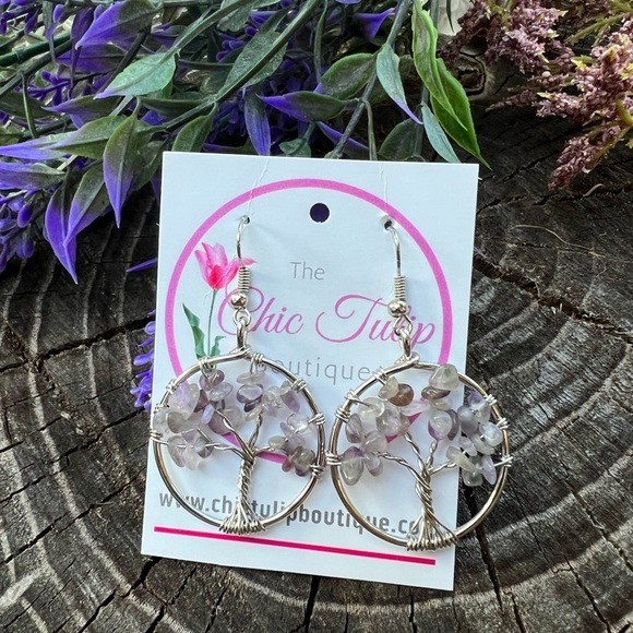 Tree Of Life earrings Amethyst earrings Purple Earrings Hoops Stone Dangle Boho - Picture 5 of 13